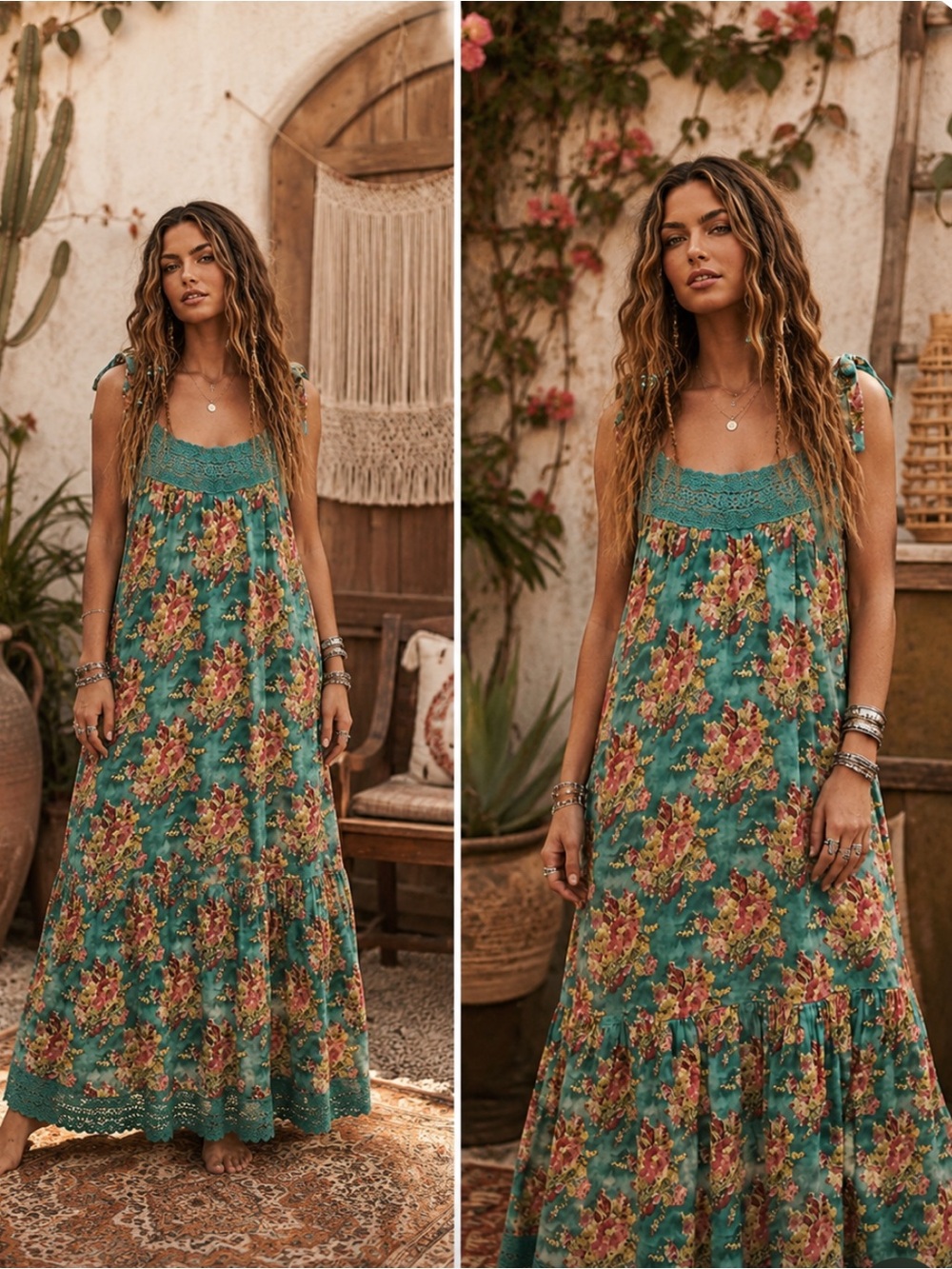 A RARE BIRD Bohemian Floral Tie-Shoulder Maxi Dress in Teal O/S